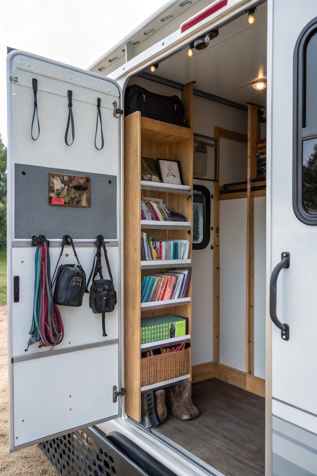 Amplify your space by utilizing vertical storage with shelves and hooks.