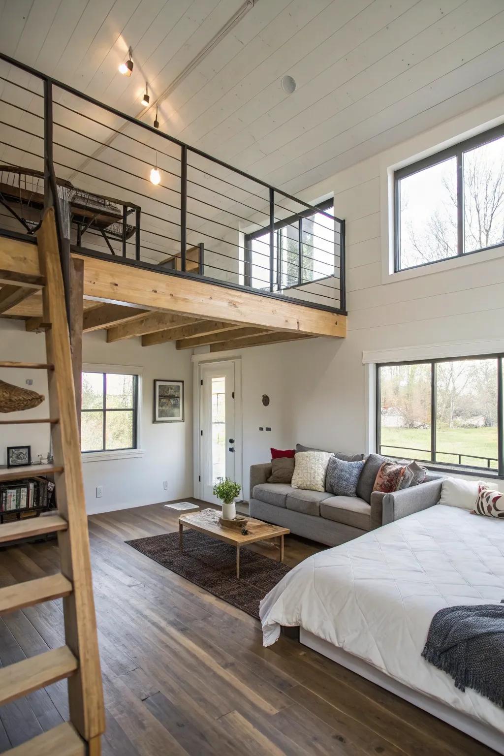 A loft bedroom overlooking a cozy living area in a small urban house.