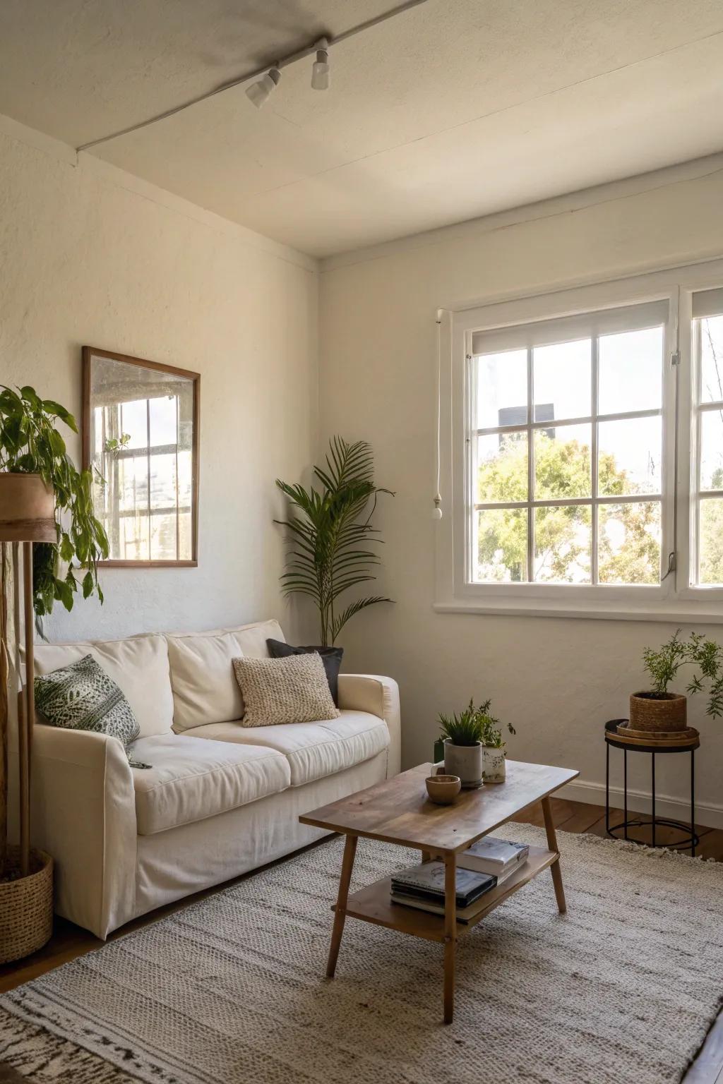 A compact living area showcasing creamy off-white walls to maximize the feeling of space.