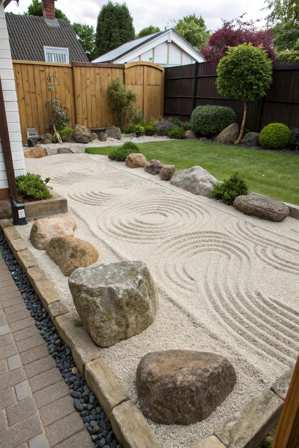 A mini Zen sand garden provides a comforting area for contemplation.