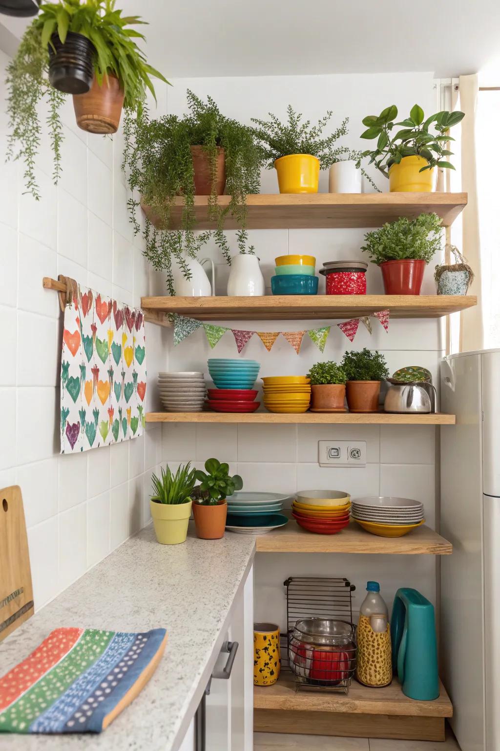 Open racks deliver a breezy atmosphere with efficient storage within modest kitchens.