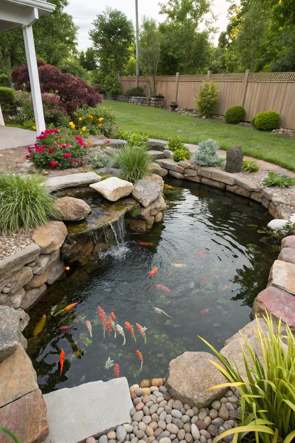 A cozy corner koi pond with a natural rock border.