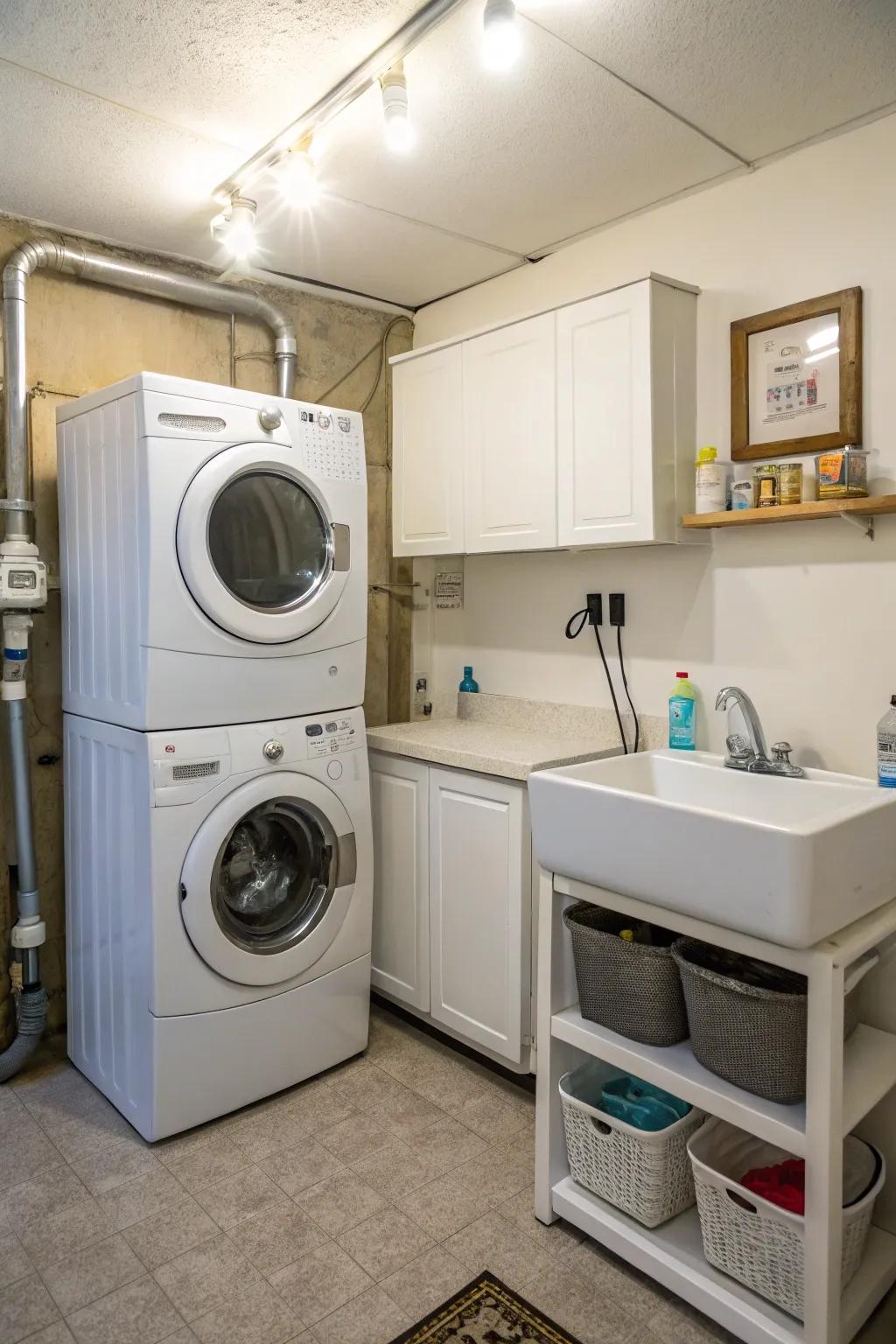 Smart application of vertical space in a small laundry room setting.