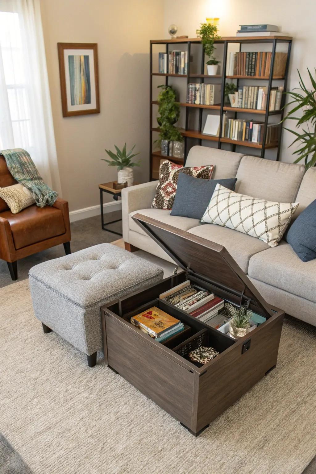Multi-functional furniture makes your small living room efficient and organized.