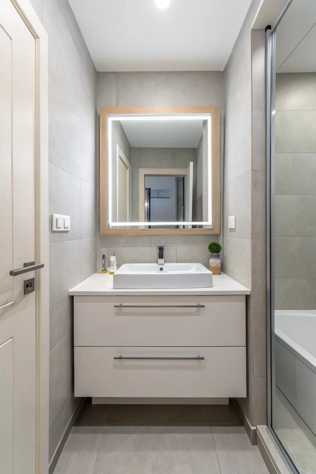 A small, contemporary bathroom featuring a wall-mounted vanity to maximize space.