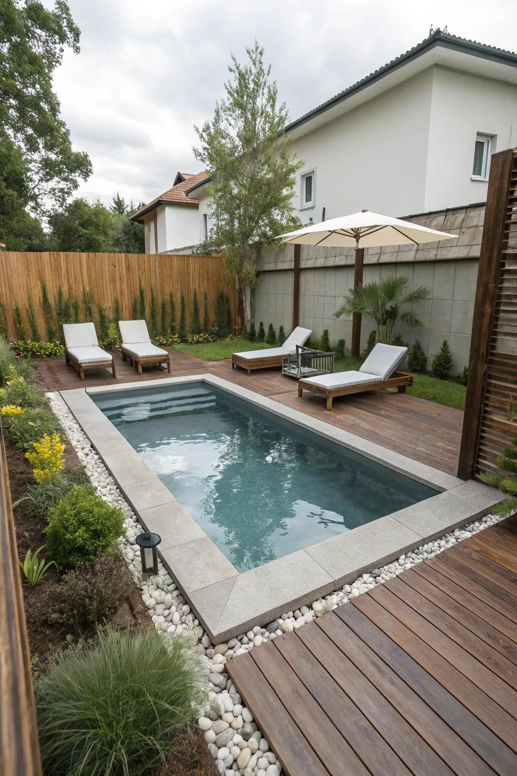 An elegant dipping pool provides a refreshing retreat.