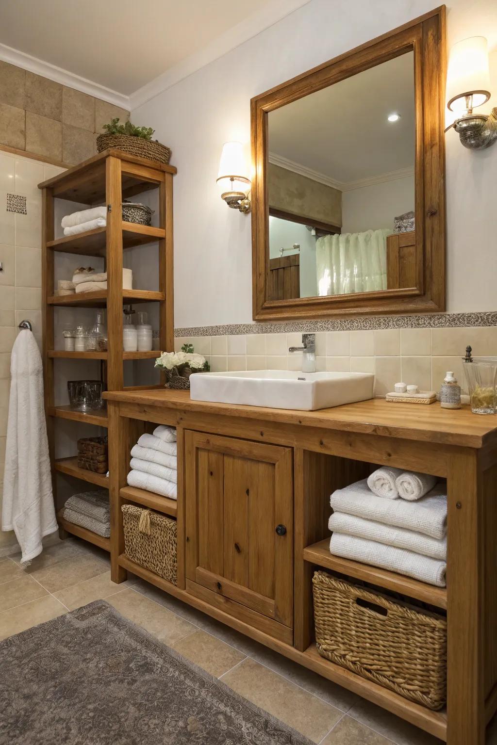 A rustic bathroom is made better with timber vanities and shelves.
