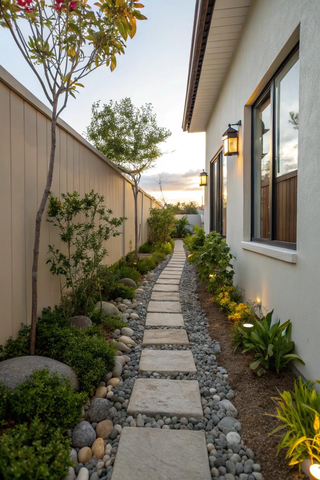 A stone pathway adds charm and functionality to a narrow side yard.