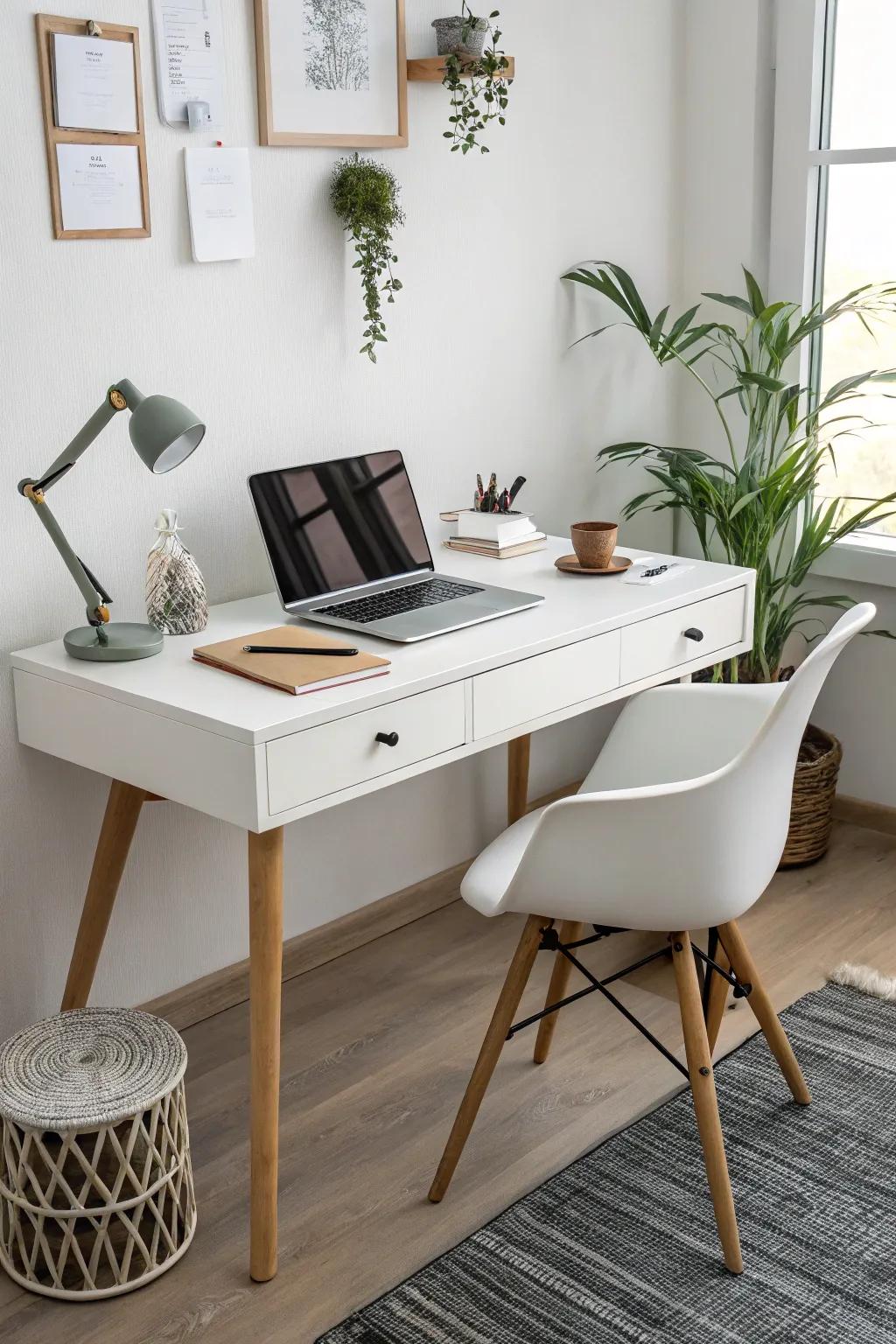 A streamlined desk forms the base of the space, offering both simplicity and style.