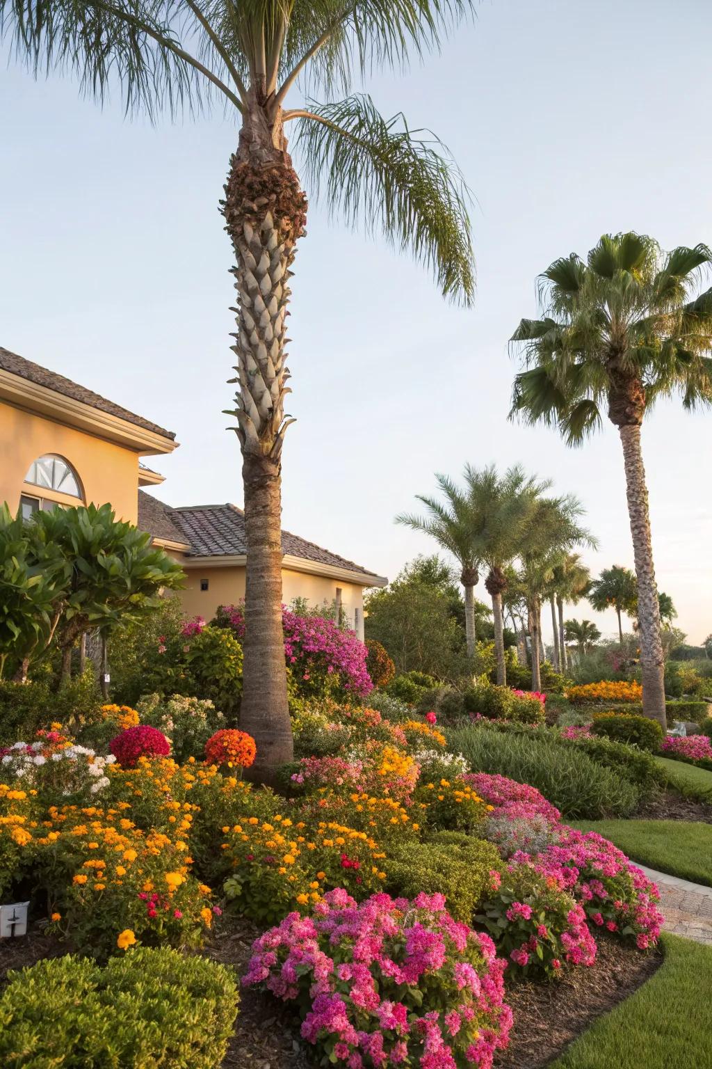 Bright flowers and shrubs create a lovely contrast to small palms.