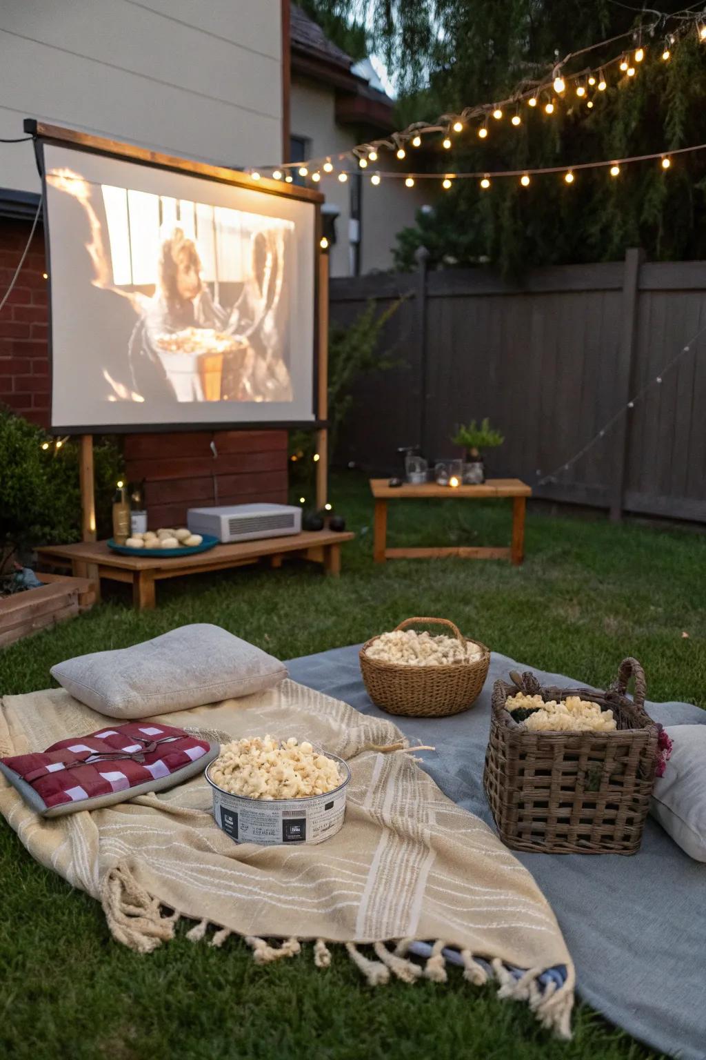 A setup for an outdoor movie night complete with a projector and comfortable blankets.