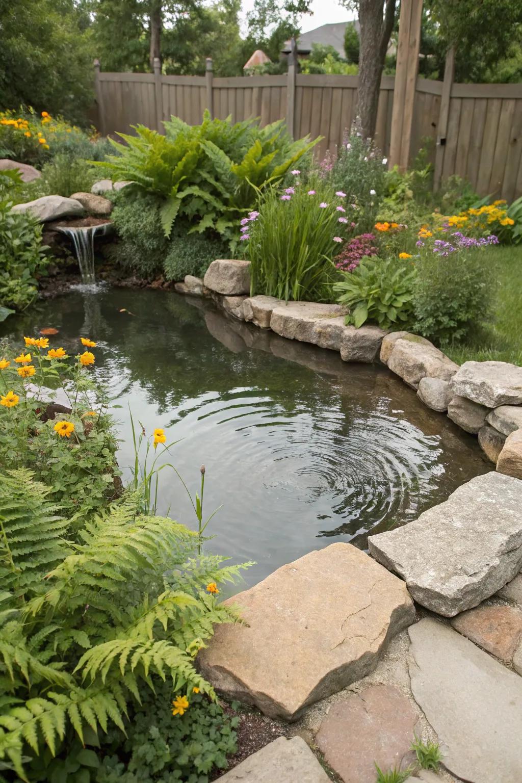 Natural stones frame a charming pond, blending effortlessly with the garden.