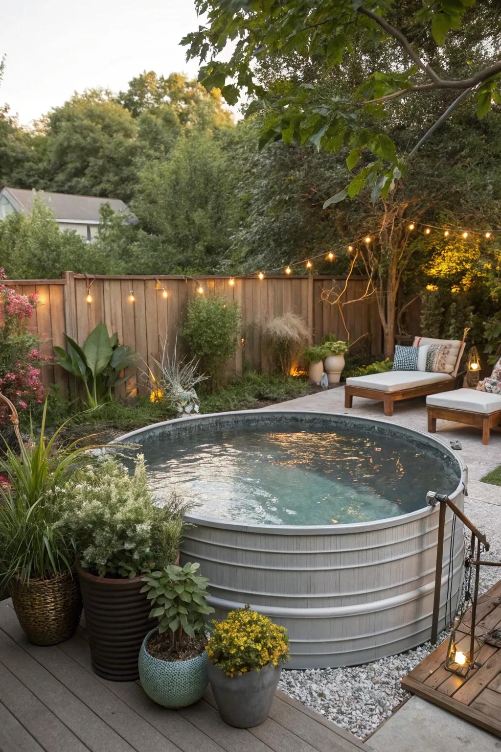 An affordable cattle tank pool nestled amongst lush greenery.