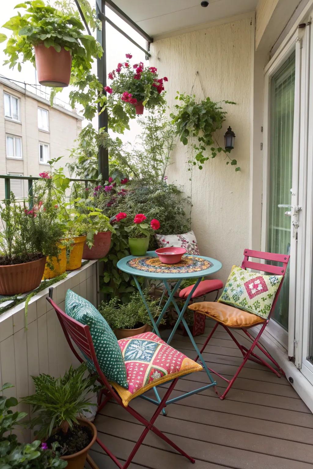 A lively bistro set brings charm and practicality to your tiny porch.