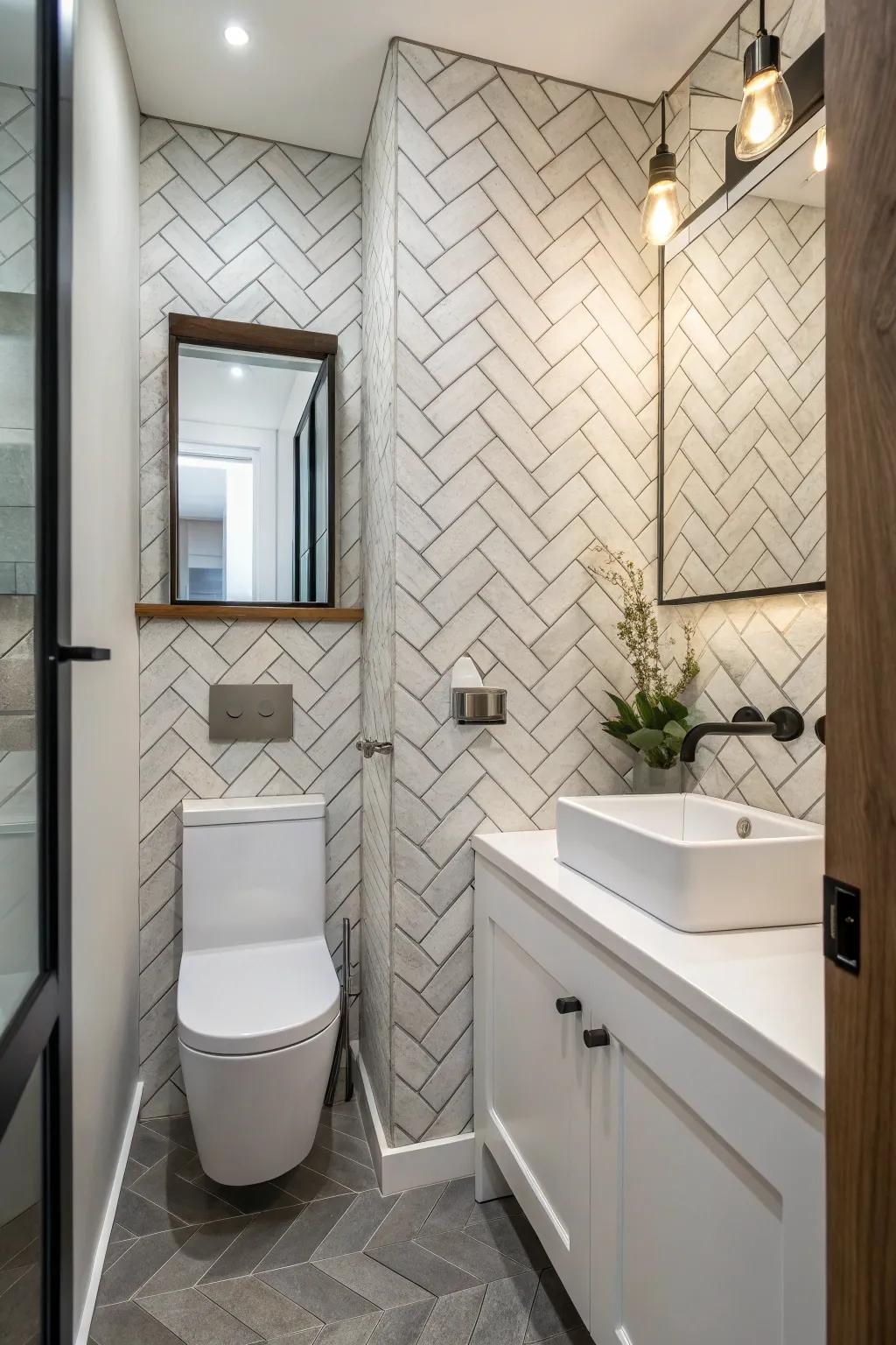Geometric patterns introduce visual intrigue to a small powder room.