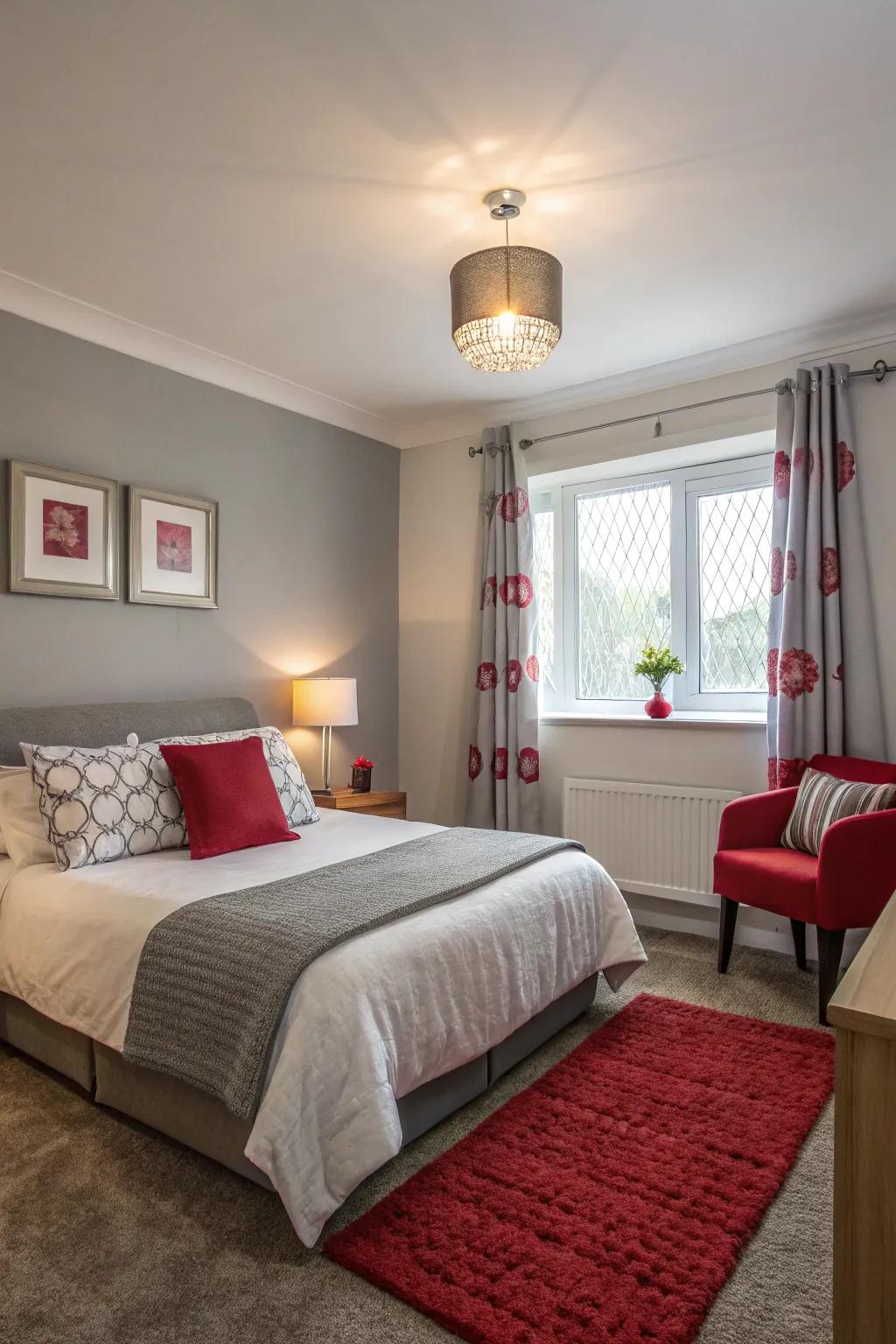 A compact bedroom showcasing gentle ash walls brightened by lively crimson touches.