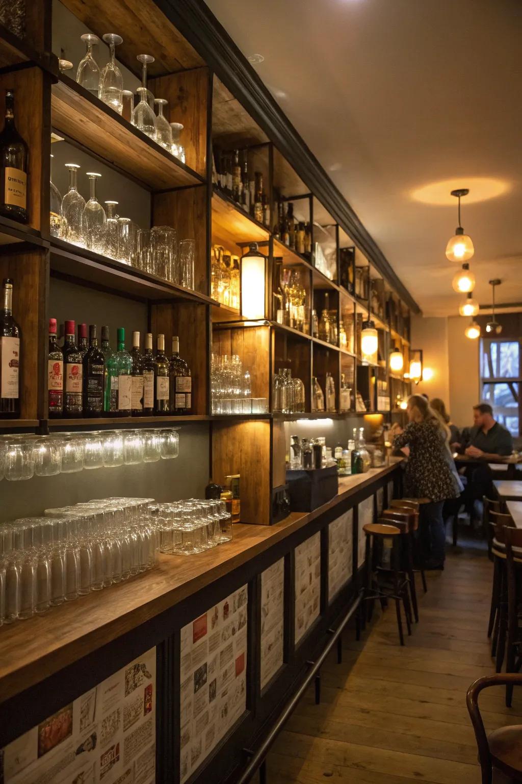 A petite restaurant bar boasting wall-affixed shelving for effective storage and presentation.