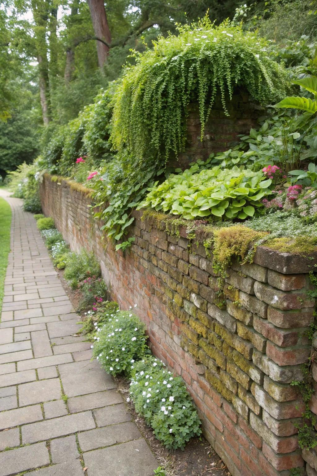 A perfect harmony of brick and stone forms a classic retaining wall.