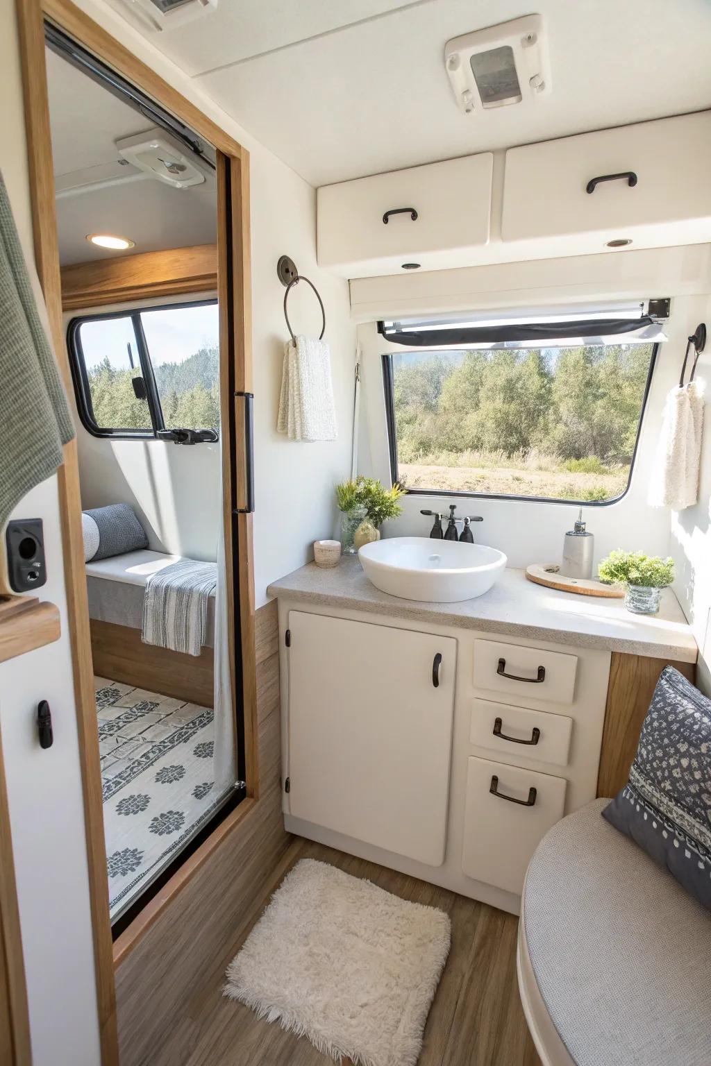 Make the most of your RV bathroom with a wall-hung vanity unit.