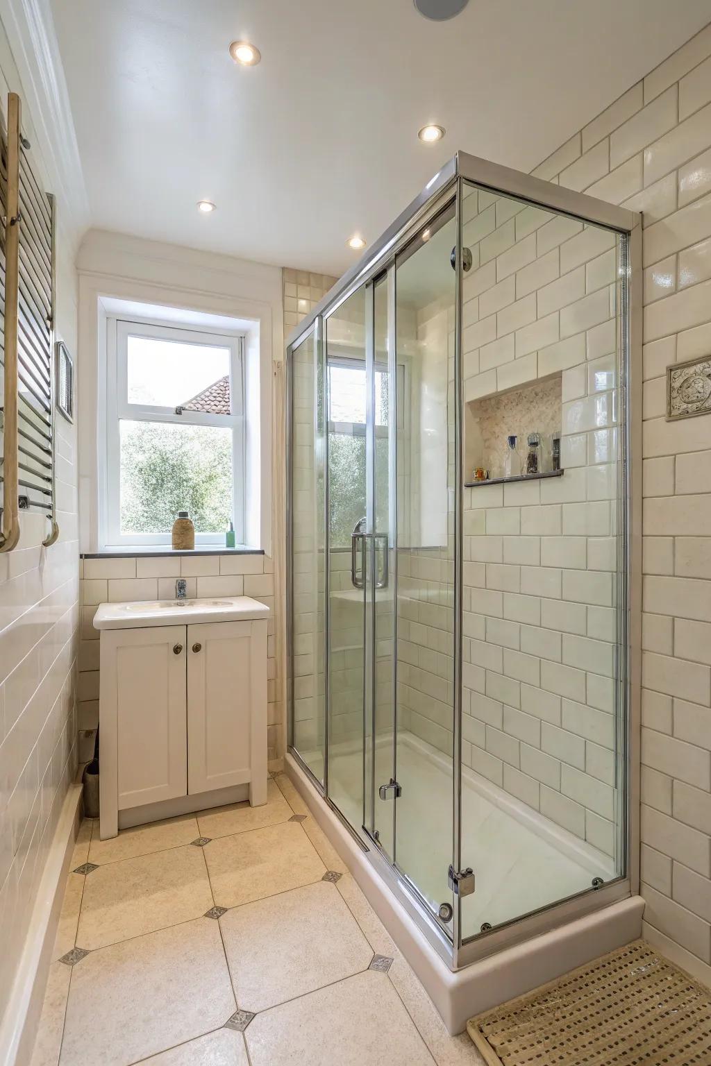 See-through screens in a compact shower room establish a feeling of spaciousness.