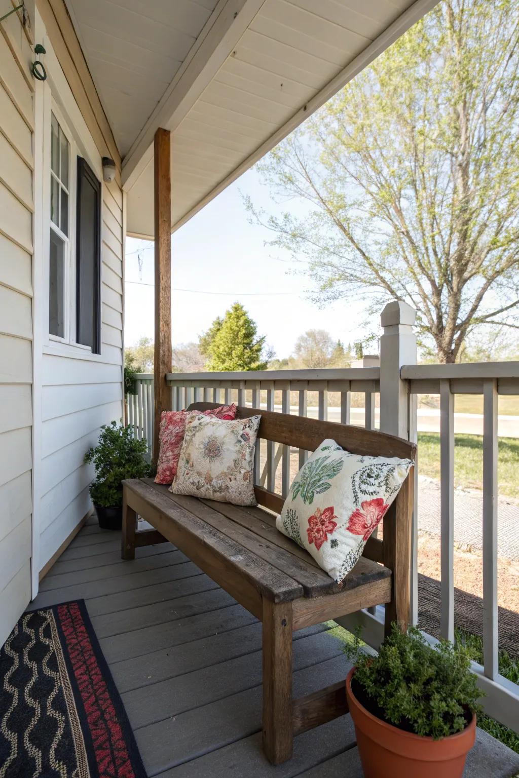 A petite timber seat enhanced with ornamental pillows on a side porch.