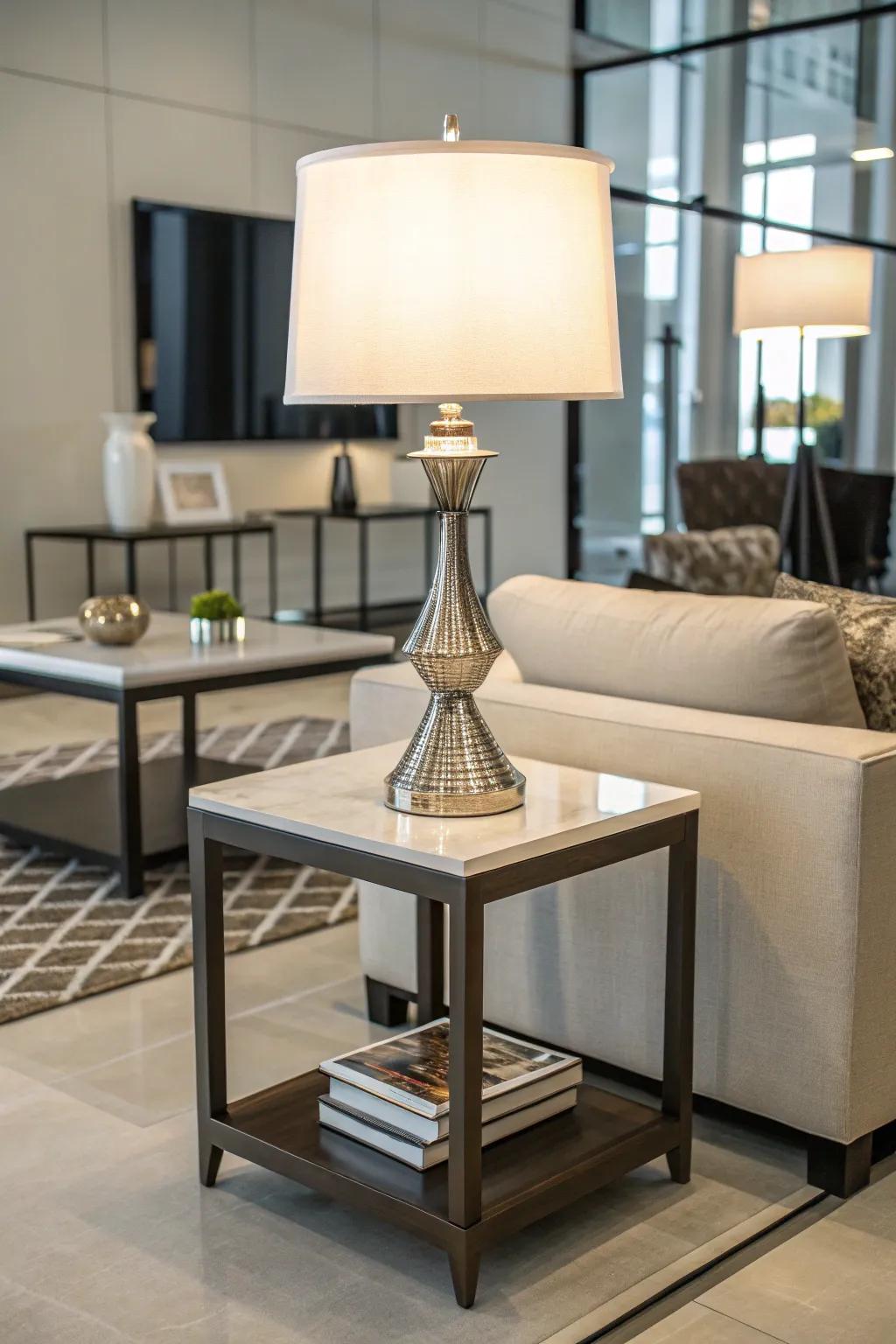 A chic table lamp enhances a small accent table.