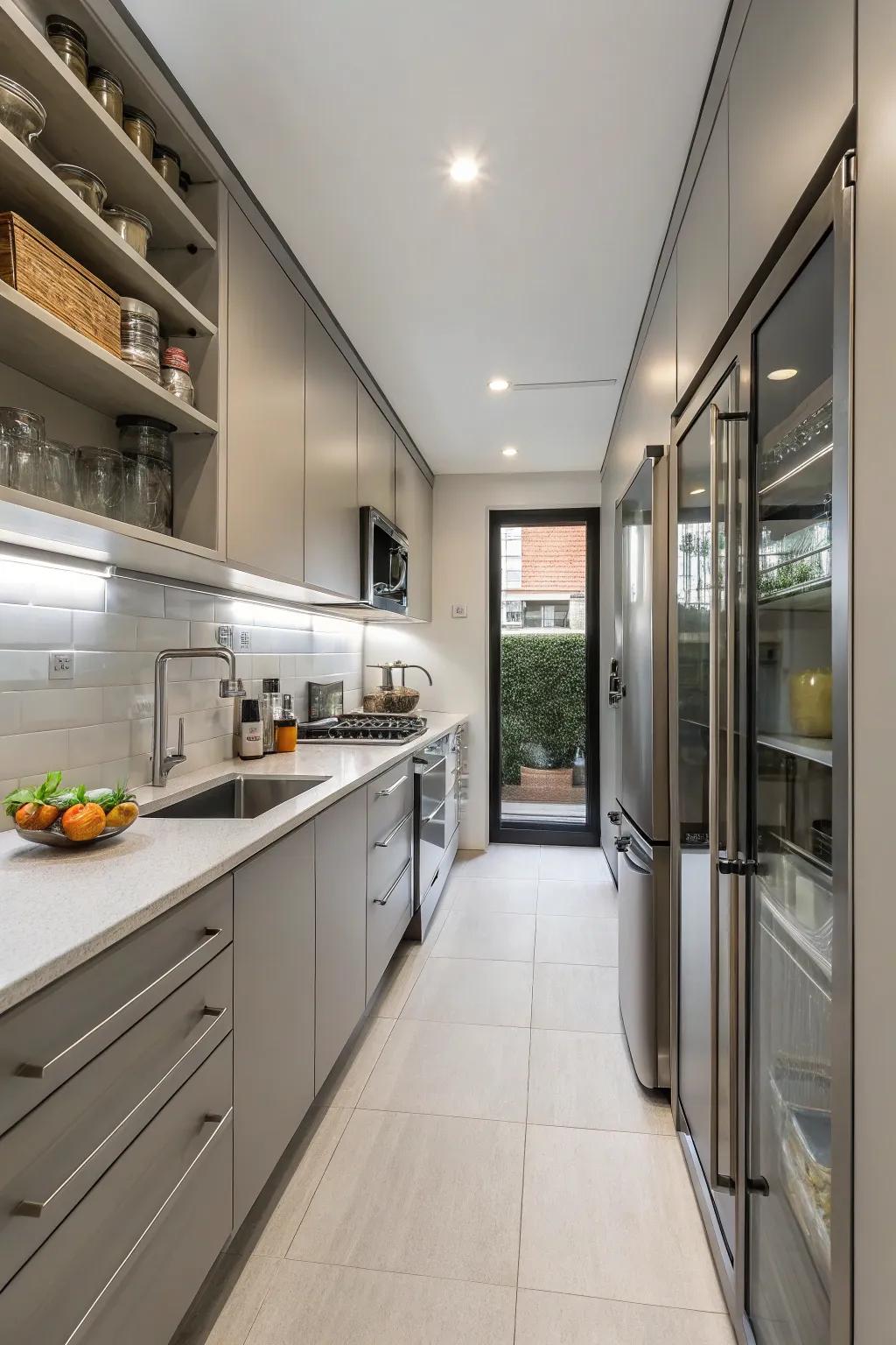 A stylish corridor kitchen that optimizes both area and practicality.