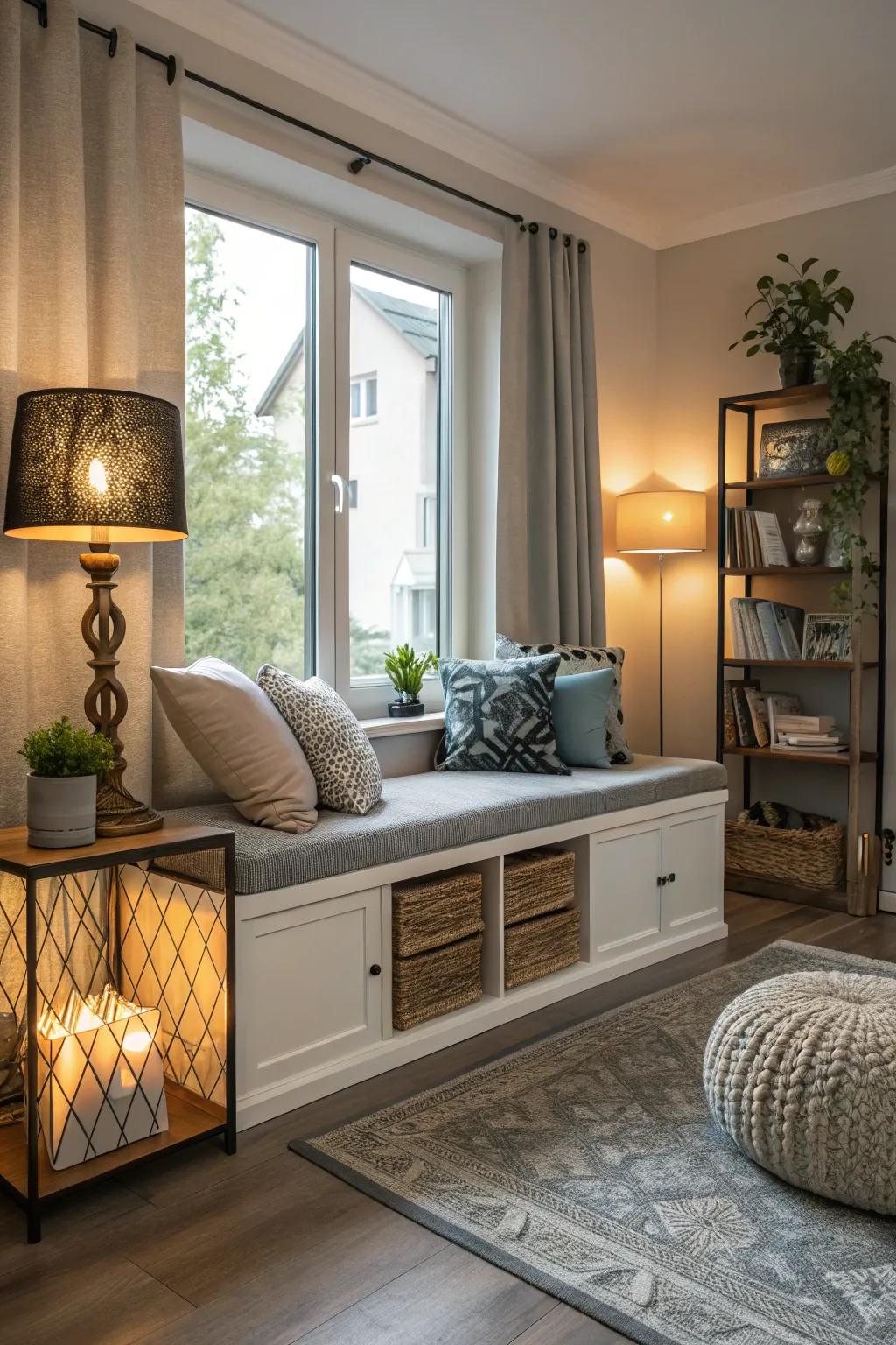 A stylish bench featuring hidden storage, placed in a modern living area.