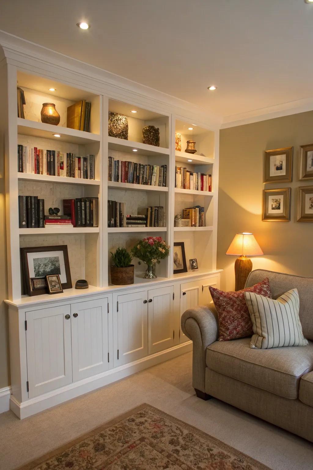 Built-in shelves maximize vertical space beautifully.