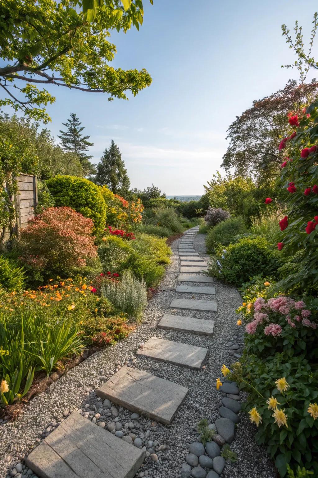 A natural stone pathway weaving through lush garden greenery.