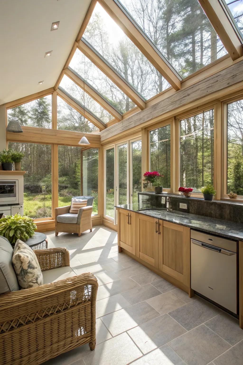 Expansive windows contribute to a bright and airy sunroom vibe.