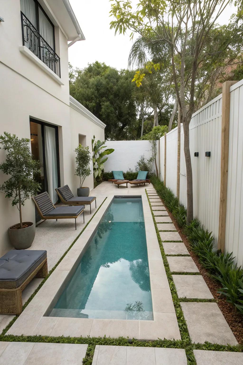 A space-saving rectangle pool enhancing backyard aesthetics.