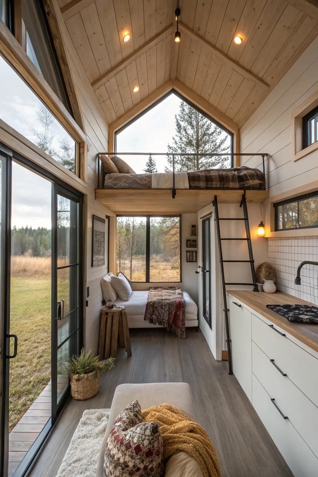 A sleeping loft inside a tiny house creates an inviting haven positioned above a wonderfully constructed living space.