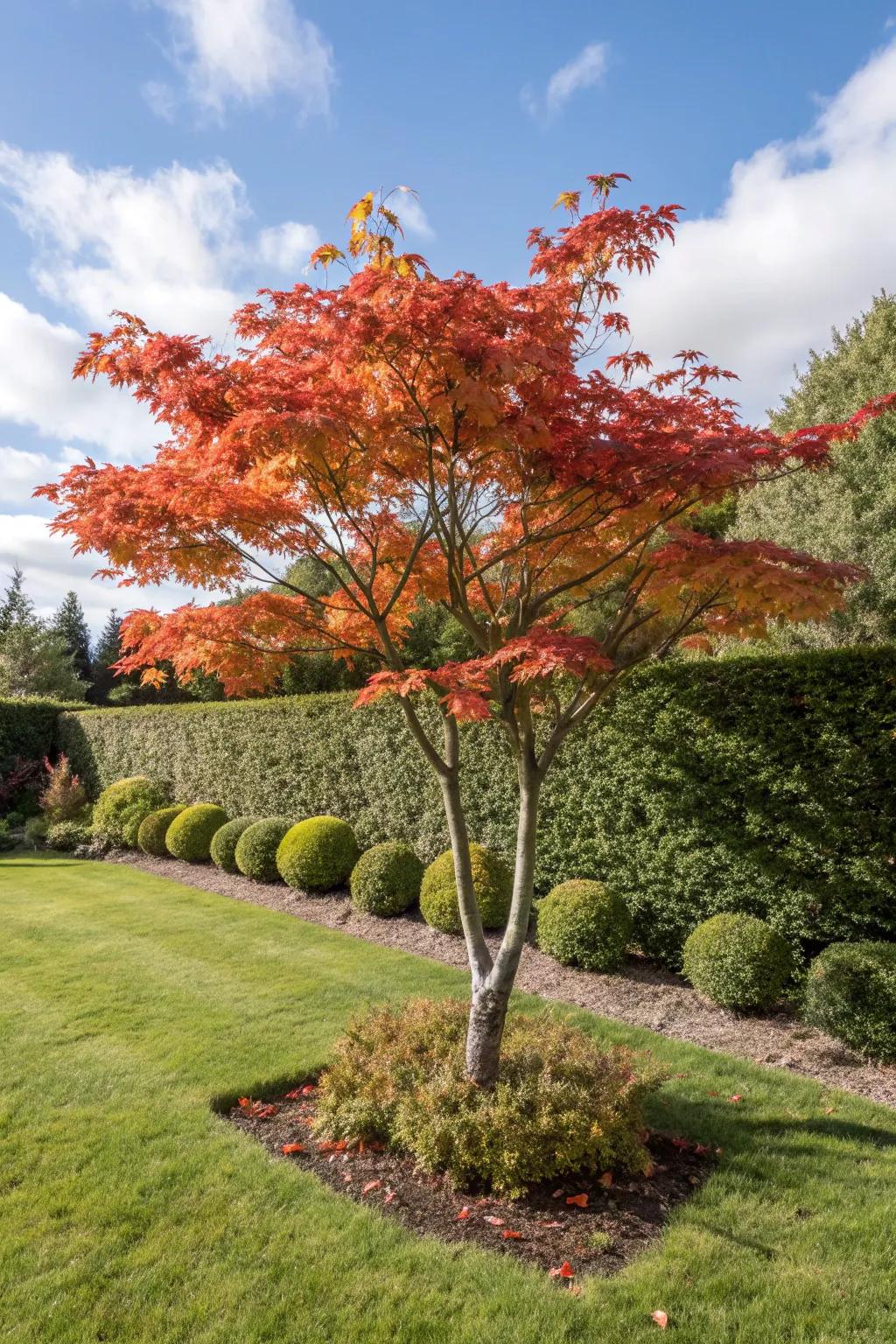 A Japanese maple showcasing its stunning fall colors in a front yard setting.