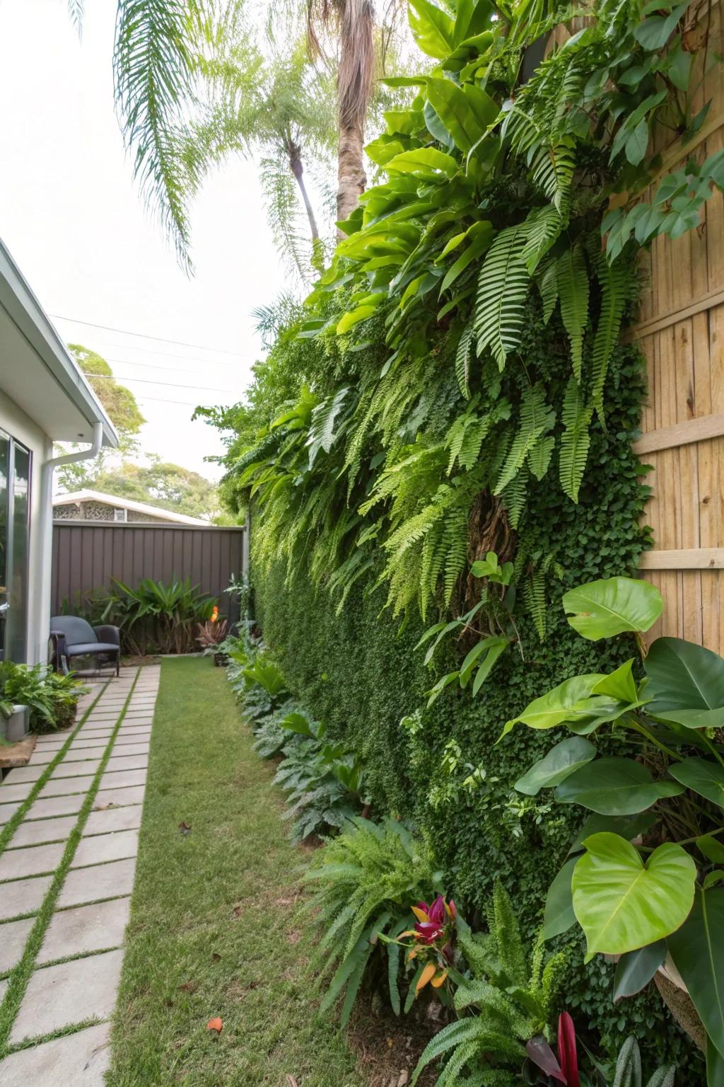 A vertical garden provides a cascade of vegetation to a compact space.