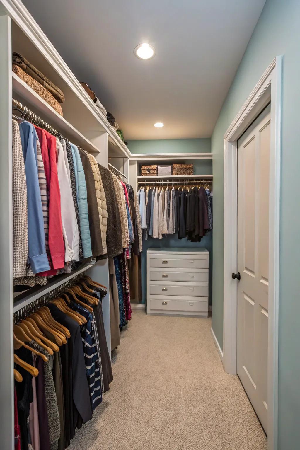 Double hanging rods maximize vertical space in a small closet.