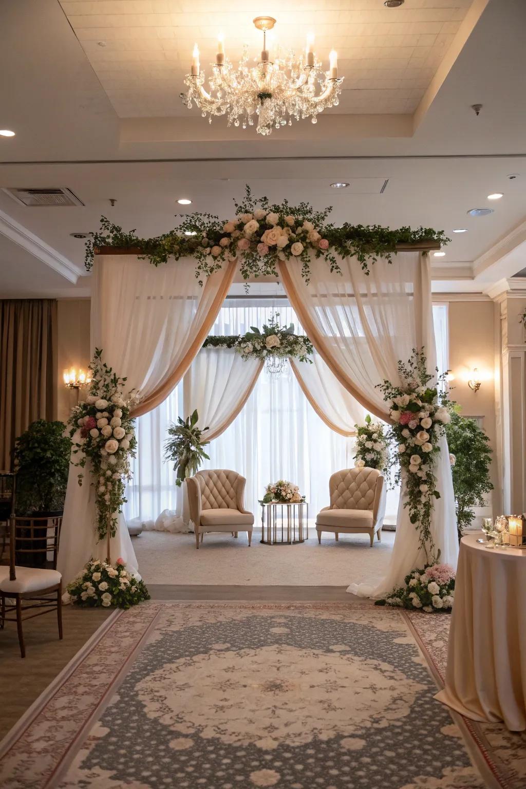 A living room exquisitely reimagined into an intimate ceremony venue.