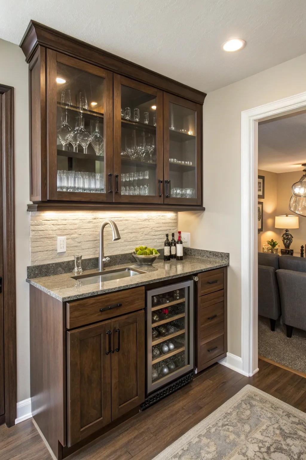 Space-saving cabinetry in a modest wet bar for effective storage solutions.