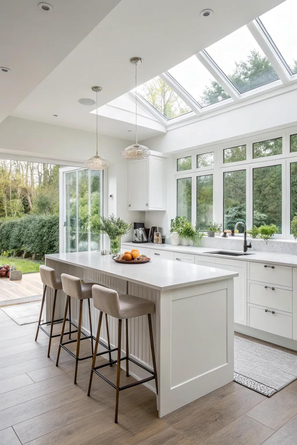 Abundant natural light enhances the spacious feel of a small white kitchen.