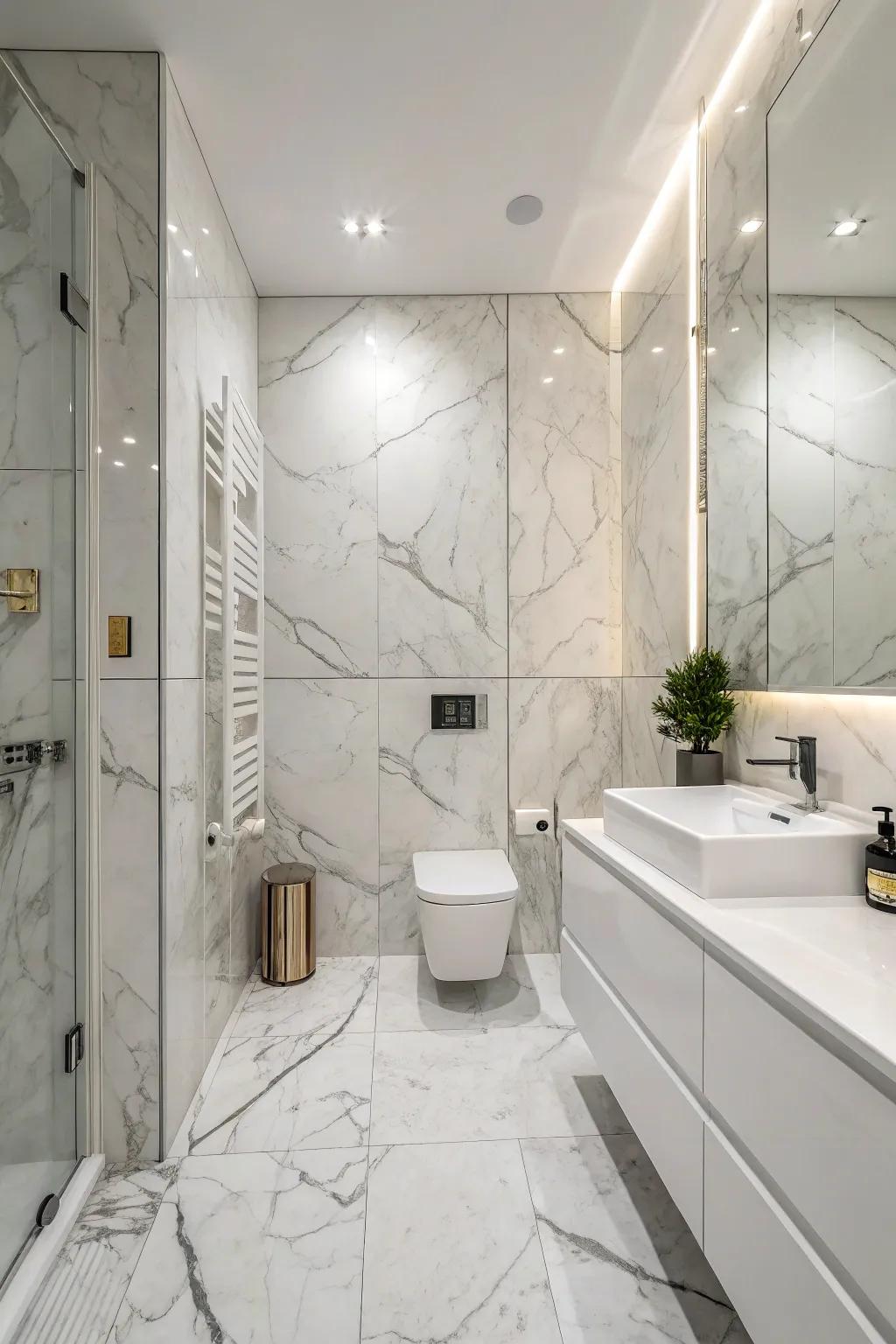 Floor-to-ceiling marble enhances the room's height and elegance.