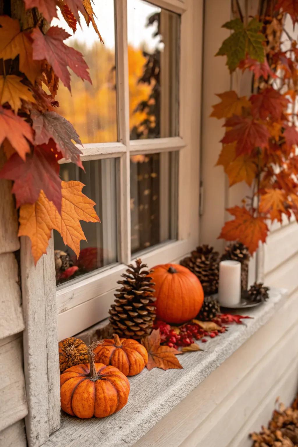 A cozy autumn window display using elements from nature.