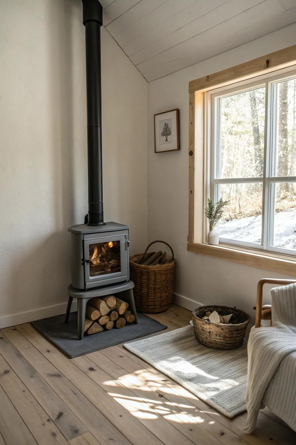 A small wood burner fitting perfectly in a corner, enhancing both space and design.