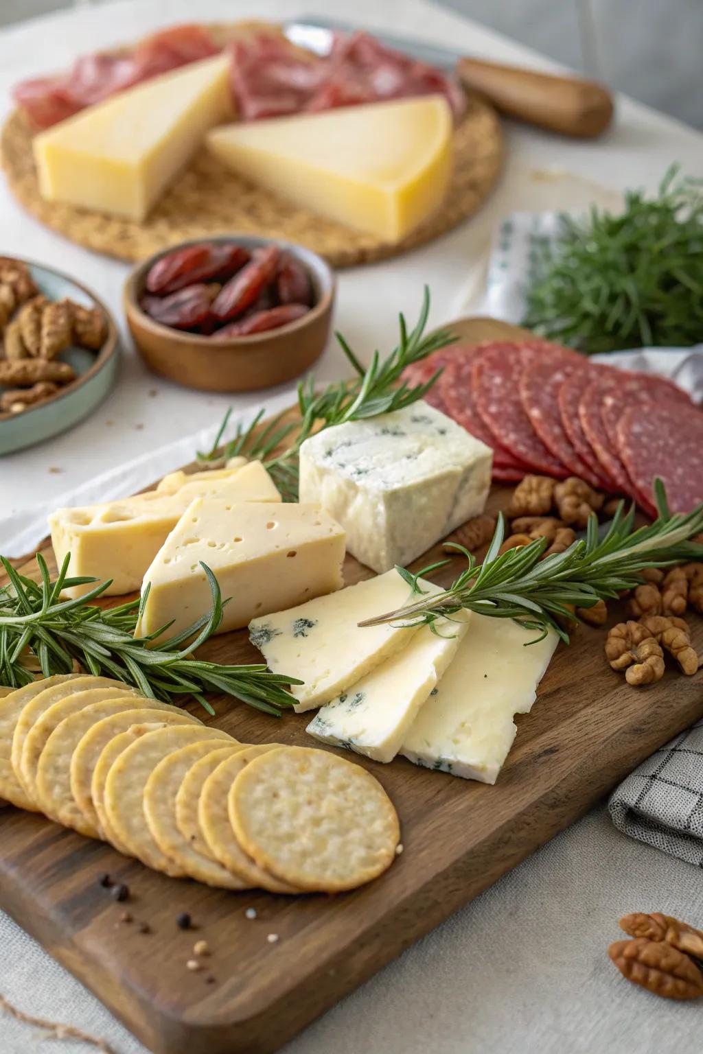 A classic cheese and cured meat presentation, ideal for sharing with friends.