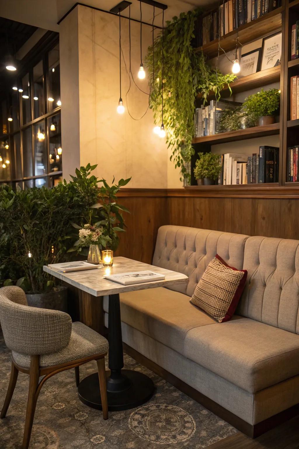 Transform a corner into a comfortable dining nook with a sofa.