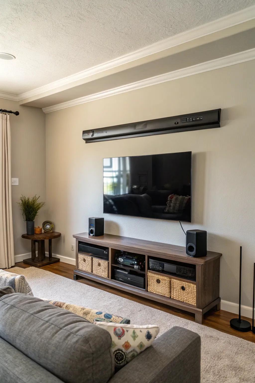 Standard audio bar placement above a TV mounted on the wall