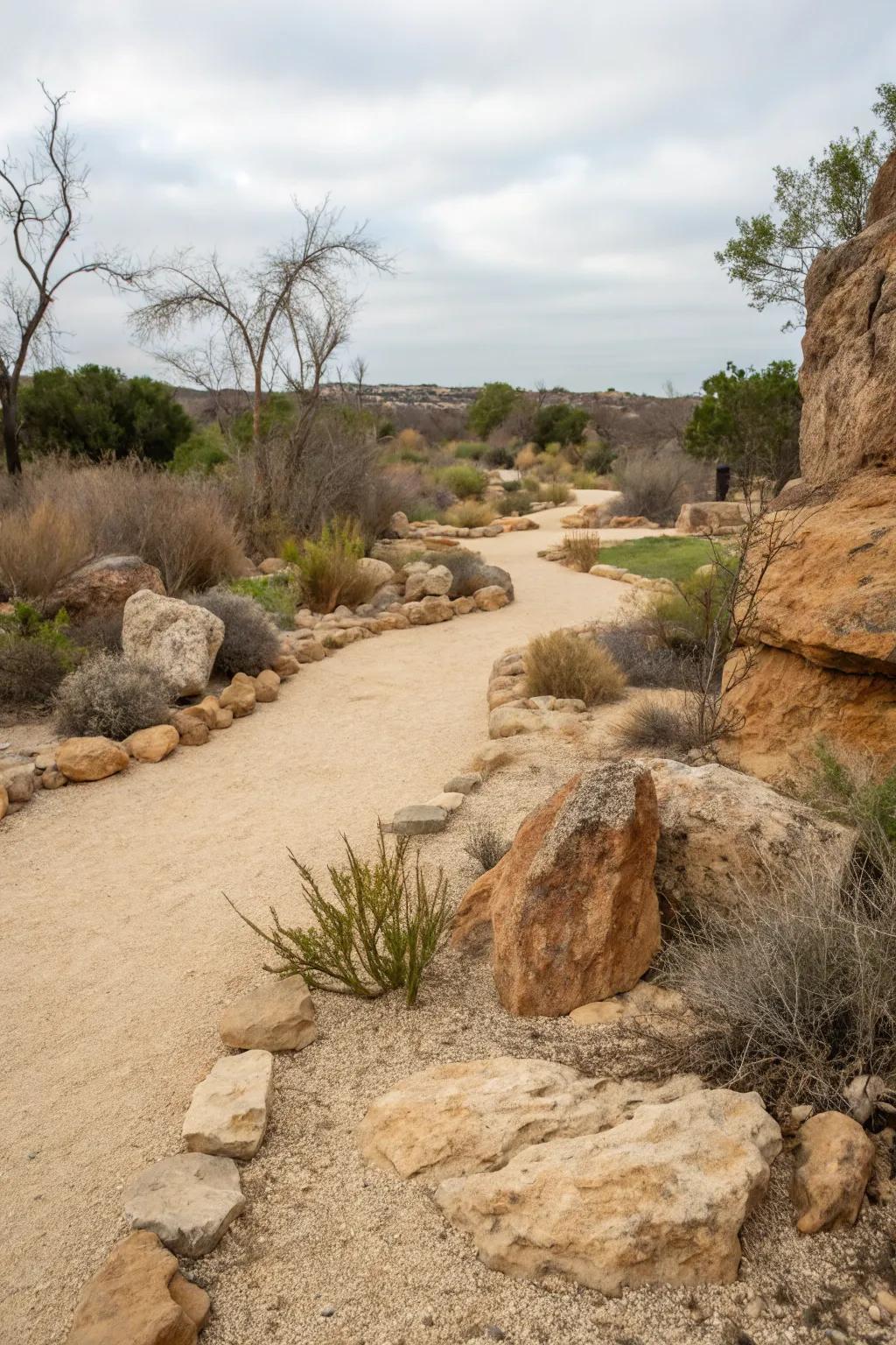 A xeriscaped space showcasing gravel walkways and rock formations.