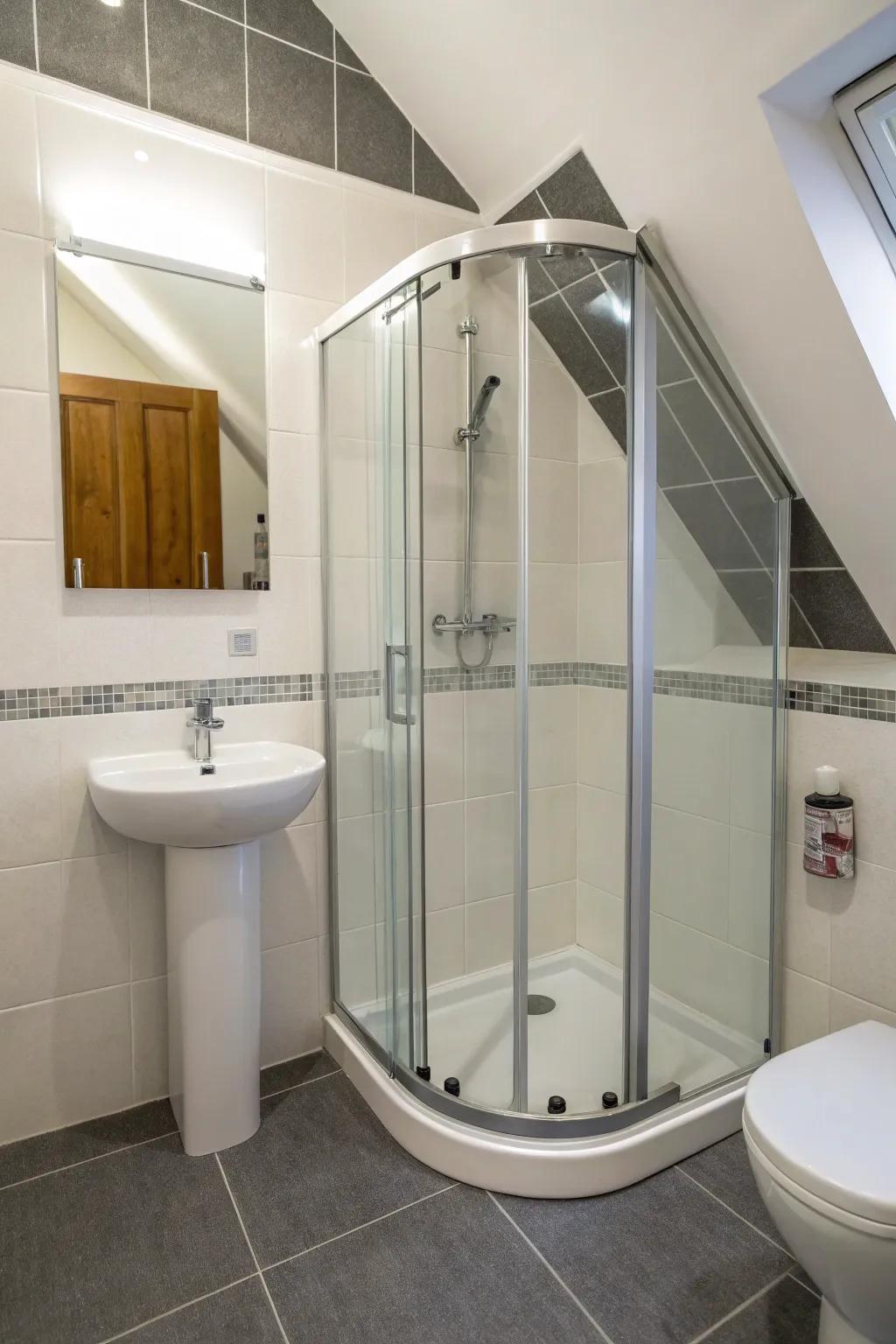Space-saving corner shower setup that uses every bit of space.