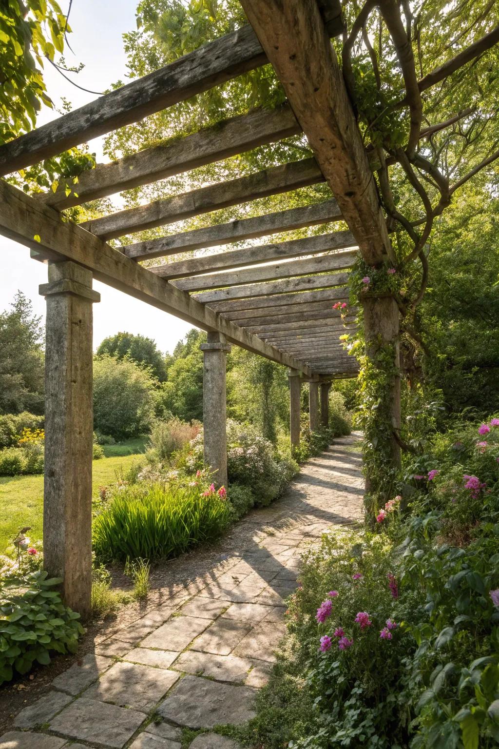 Country wood beams bring a timeless appeal to a Spanish pergola.
