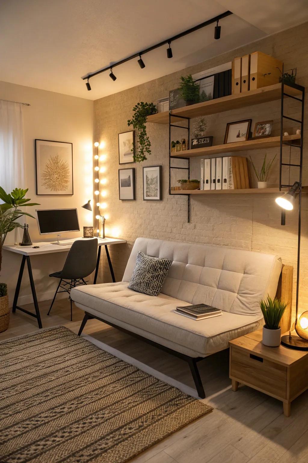 A streamlined convertible couch effortlessly combines office and guest room functions.