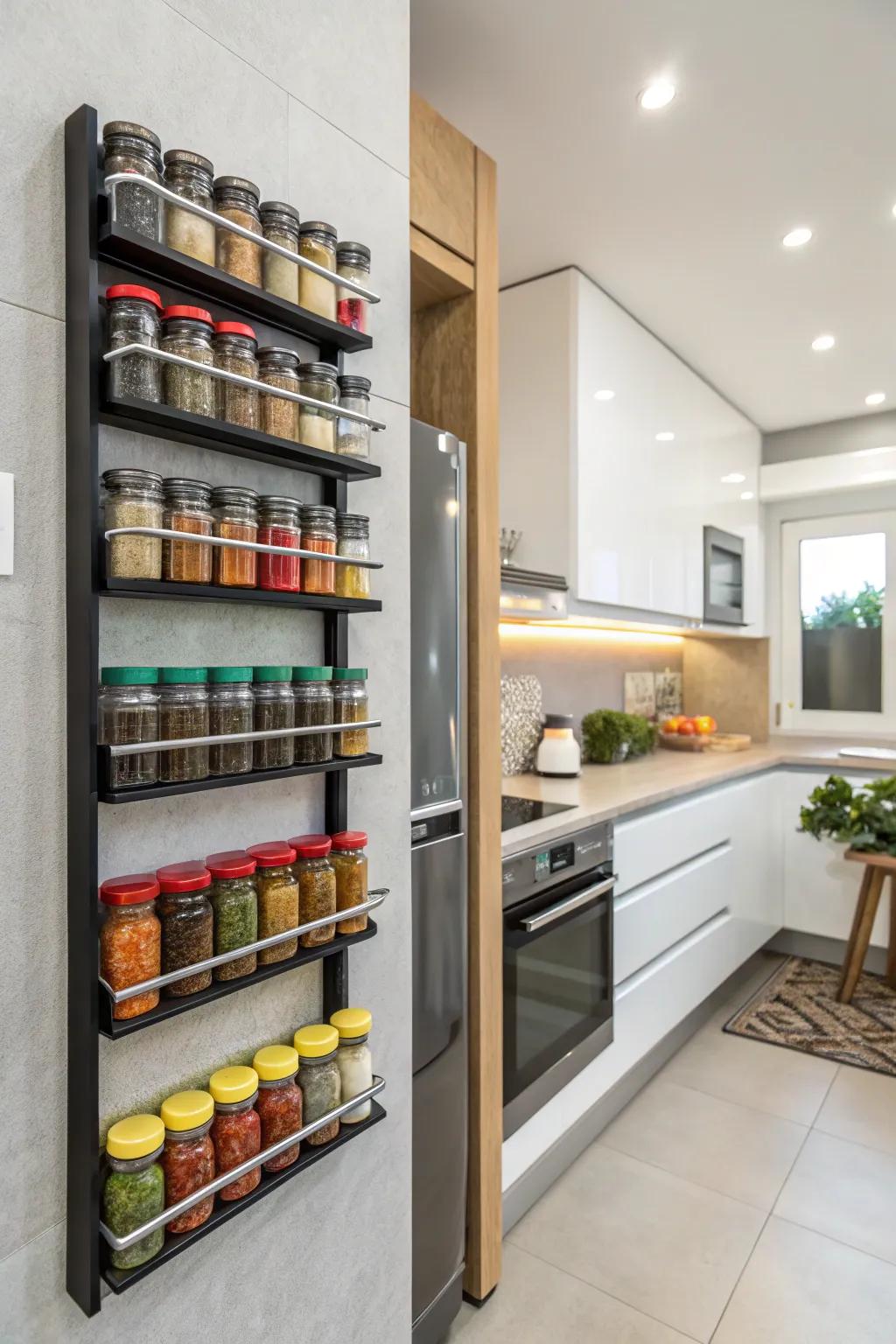 A space-efficient wall-mounted spice rack enhances a contemporary kitchen.